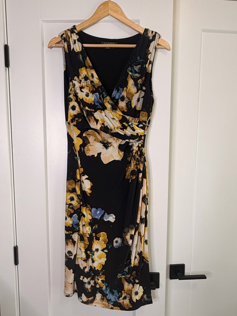 Ralph Lauren Black Midi Wrap Dress with Yellow & Blue Floral Print